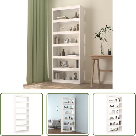 The Living Store Bibliothèque/Séparateur de pièce Blanc 80x30x199,5cm Pin massif - Bibliothèque Blanche - Bibliothèque Bois - Étagère Salle À Manger - Meuble Rangement - Séparateur Pièce (1/5)