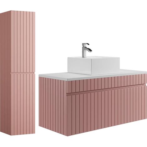 Meuble de salle de bain suspendu strié rose avec vasque à poser et colonne - 100 cm - SATARA (1/5)