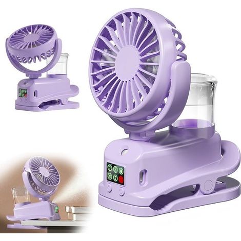 Mini ventilador USB con clip，mini humidificador recargable con vapor，4 velocidades de viento，ventilador de mesa，escritorio y oficina (morado) (1/5)