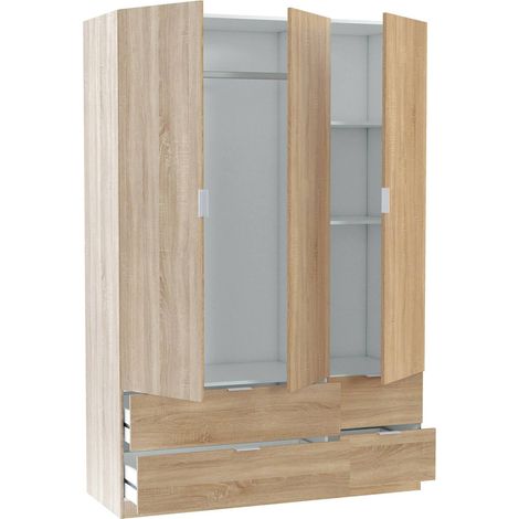 Dmora - Armario Weymouth, Mueble de dormitorio con 3 puertas y 2 cajones, Perchero, 135x52h200 cm, Roble, con embalaje reforzado
