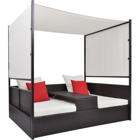 Gartenbett mit Baldachin Braun 190×130 cm Poly Rattan