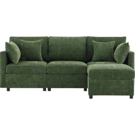 Sofa d'angle modulable 3 places avec pouf mobile et 4 coussins en chenille, vert olive, 216x161x81 cm (1/5)