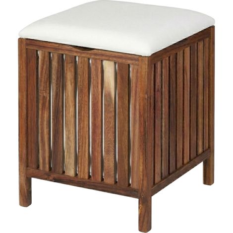 Coffre à linge avec siège 50 x 40 x 40 cm assise confortable design moderne salle de bain en acacia blanc (1/3)
