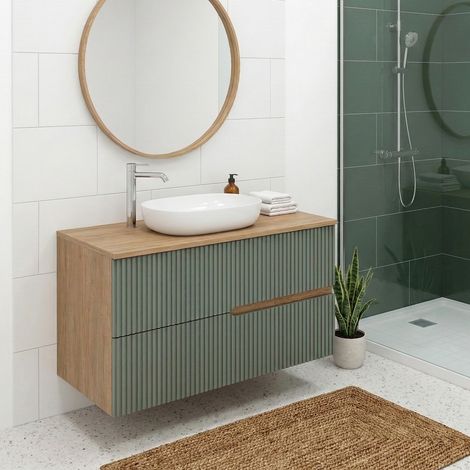 Meuble vasque à poser L.100cm suspendu Chêne naturel 2 tiroirs Vert sauge cannelé EVA - sans colonne (1/5)