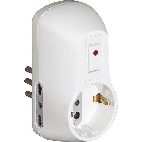 Adaptateur Safe Prise Multiple 3 Places avec 1 Prise Schuko Standard Allemand, 2 Prises Bivalentes 10/16A et Interrupteur Automatique Lumineux de sécurité, Couleur Blanc (1/3)