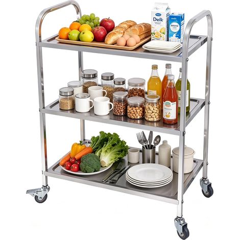 Chariot de Service INOX 3 Etagères de Rangement 62.5 31.5 80cm avec roulettes 4 Tailles au Choix (1/5)