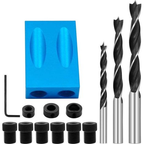 Kit di foratura angolare a 14 pezzi per legno - Guida a 15° per il posizionamento di fori da 6/8/10 mm, strumento essenziale per la lavorazione del legno.