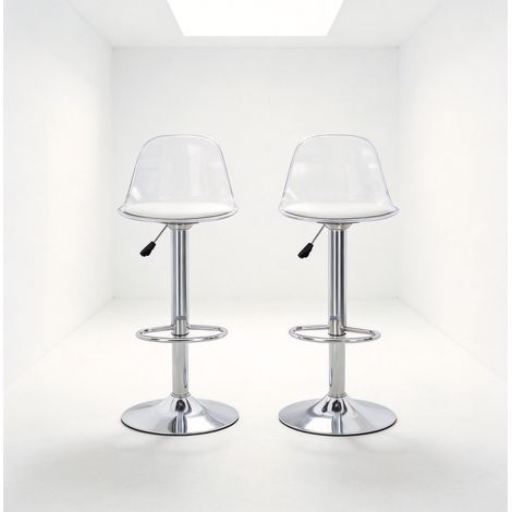 Set de 2 taburetes de bar regulables 360° con respaldo transparente y patas plateadas (1/5)