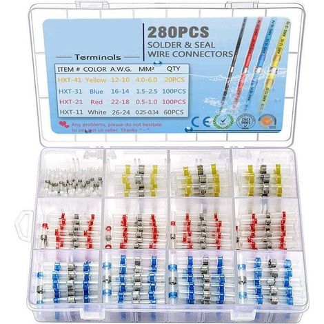 280 Pièces Cosses Électriques À Souder - Gaine Thermorétractable Cuivre - Rapport 2:1 - Pour Connexion Fils Câbles - 4 Sections (0,25-6 mm²) (1/4)