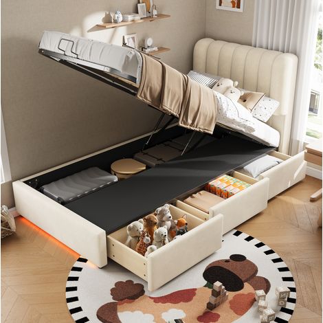 Letto contenitore per bambini 90x200 cm con pistone a gas, 3 cassetti, LED, velluto beige OKMYHOME (1/5)