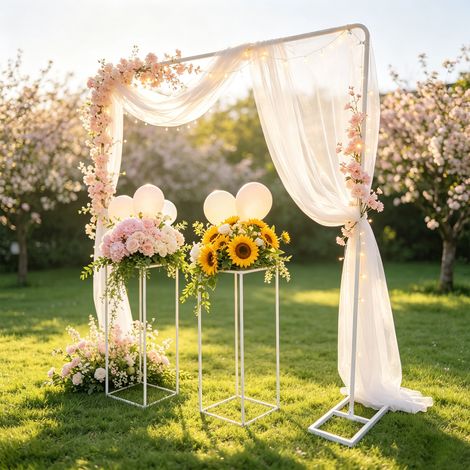 Support pour ballons 2 x 2 m avec supports pour fleurs 27 x 27 x 80 cm, support métallique pour toile de fond de mariage - blanc, capacité 8 kg / 5 kg (1/5)