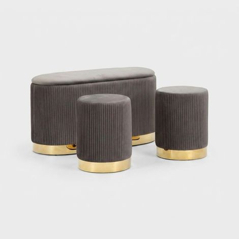 Set Panca Contenitore con 2 Pouf in Velluto Grigio Oro Camera Salotto (1/5)