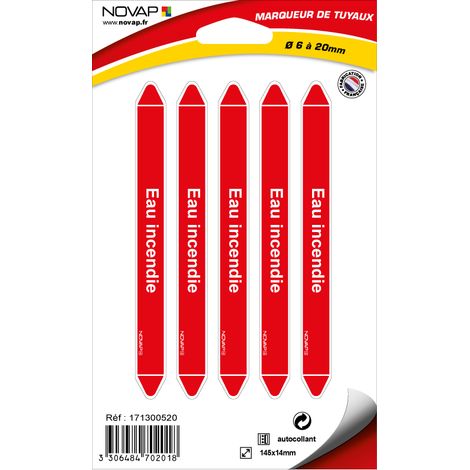 Planche de 5 marqueurs de tuyauterie 145 x 14 mm pour Ø 6 à 20 mm - Eau incendie - 4702018