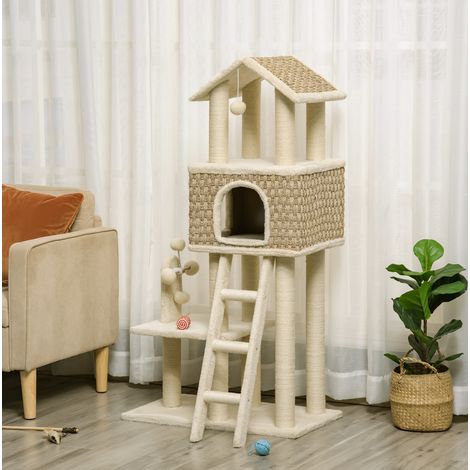CHICFURN Albero tiragraffi 69x40x131 cm in truciolare kaki beige con cuccia e palline (1/5)
