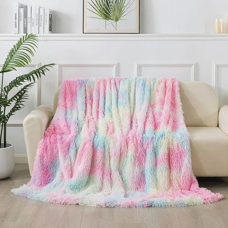 Couverture Polaire 130x160 cm, Regenbogen-Plaid, extra warm, Tagesdecke fürs Sofa, kuschelige und warme Regenbogen-Fellimitat-Decke