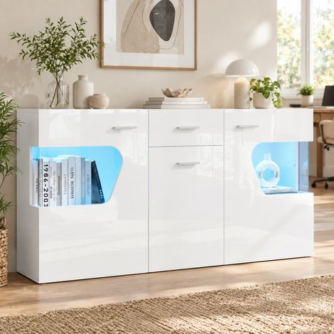 Aparador salón blanco brillo 140 cm con 3 puertas, cajón, vitrinas de vidrio de seguridad y LED USB con app – CHICFURN, mueble aparador moderno de gran almacenaje (1/5)