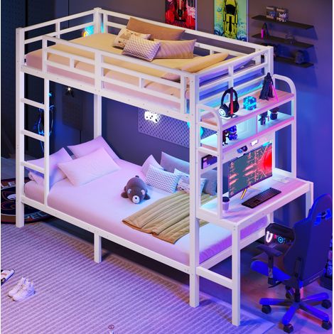 Letto a castello bambino 90x200 cm con scrivania, mensole, LED e USB, struttura in metallo sicura - bianco (1/5)