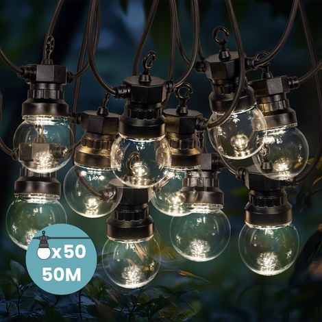 Skylantern – Guirlande lumineuse d'extérieur 50M – 50 bulbes blancs chauds – IP44 pour usage extérieur – Transformateur 24V avec 3M de câble
