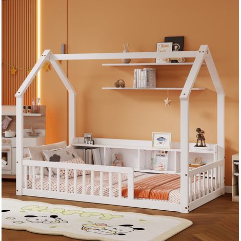 Lit cabane au sol 90x200 cm avec 4 étagères, barrières de sécurité et structure en pin blanc pour chambre (1/5)