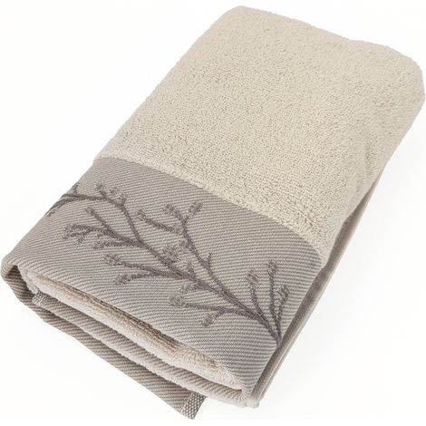 Serviette de toilette absorbante coton 50x100cm FEUILLE beige (1/5)