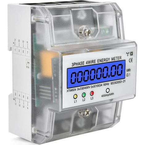 Dreiphasen-4-Leiter-Stromzähler, kalibrierter Dreiphasenzähler 230/400 V 5–100 A, digitaler LCD-Stromzähler, DIN-Schienen-Dreistromzähler für Zwischenstrommessung (1/5)