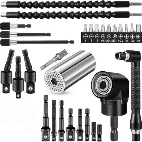 Kit de 30 rallonges flexibles pour forets, adaptateur de foret à angle droit 105°, adaptateur de douille hexagonale universel 1/2", 3/8" et 1/4", clé à douille rotative, tournevis porte-foret - argent (1/5)