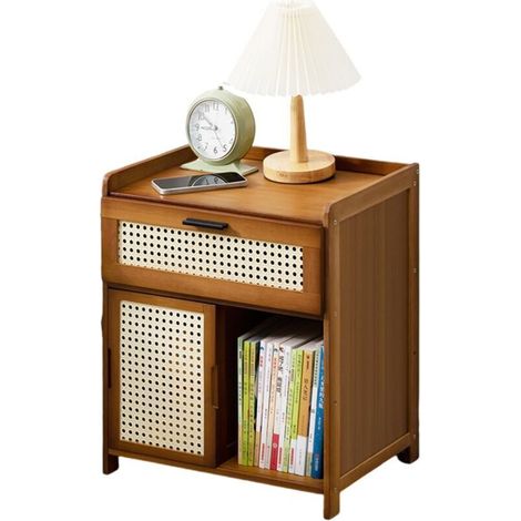 Table De Nuit en Rotin Tiroir avec Porte Coulissante, Table D'appoint en Bambou 42 × 31 × 50 Cm avec Armoire De Rangement, pour Chambre À Coucher Salon(Color:Brown) (1/4)