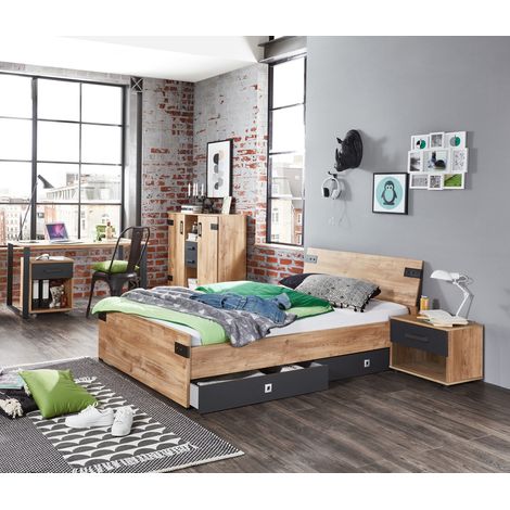Ensemble chambre adulte Imitation chêne poutre, rechampis graphite - 140 x 200 cm -PEGANE-