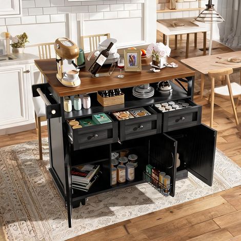 Îlot de cuisine noir avec plan de travail en bois 118 x 43-80 x (1/5)