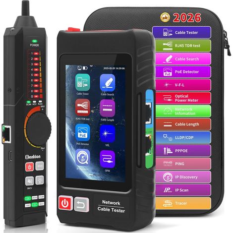 Multifunction RJ45 UTP network cable tester, Ethernet cable, 4-inch IPS touchscreen, supports network tools, VFL, OPM, PoE+ detection, RJ45 TDR, cable length, NCV (1/5)