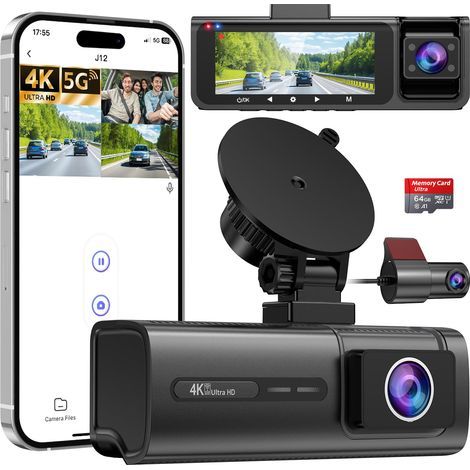 Dashcam Voiture Avant Arrière 4K+1080P+1080P, 5GHz WiFi 3 Canaux Caméra Embarquée Voiture avec Carte SD 64G, Capteur G, Vision Nocturne, Enregistrement en Boucle, Moniteur de Stationnement (1/5)