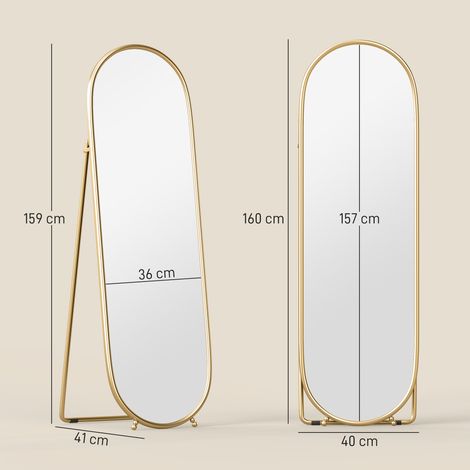 Miroir sur pied ovale vertical avec support, verre et métal, 40 x 41 x 159 cm, couleur or (1/5)
