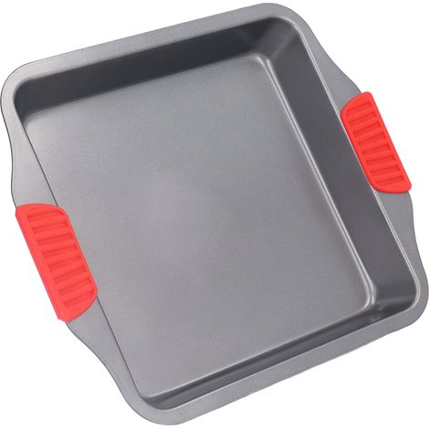 Plaque de cuisson carrée de 106 cm avec poignées en silicone rouge, revêtement antiadhésif, compatible lave-vaisselle, design encastré et poignées. (1/5)