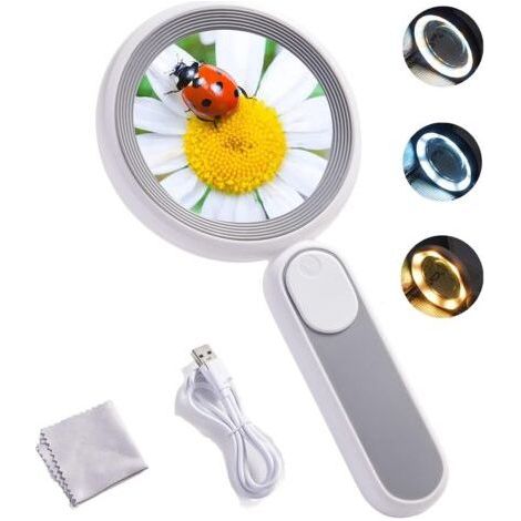 10X Magnifying Glass, 21 LED USB Rechargeable Illuminated Reading Magnifier with 3 Modes for Elderly Children Reading, Jewelry, Seniors, Visually Impaired, Observation and Crafts Gray (1/4)