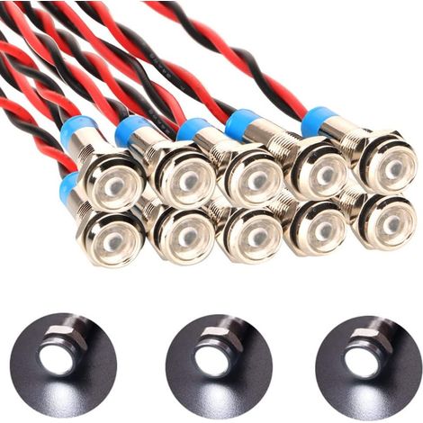 10pcs 6mm 1/4" AC/DC 12-24V LED Metal Indicator Light Waterproof Signal Lamp Driver Directional Dash with Wire (White) (1/5)