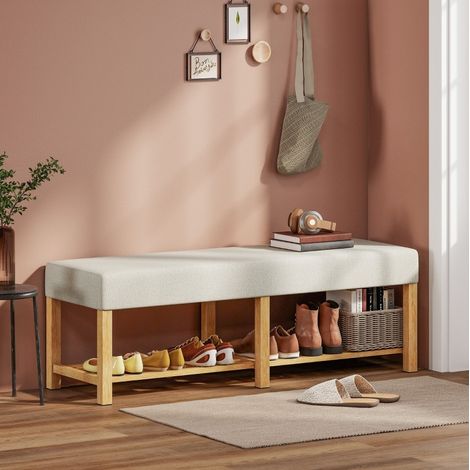 Panca scarpiera 140x44x48 cm, cuscino in schiuma 6 cm, vano aperto 130x34 cm, legno di caucciù, bianco crema (1/5)
