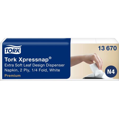 Tork 13670 Tovaglioli intercalati Extra Soft per dispenser Xpressnap Premium, sistema N4, 2 veli, 8 pacchi x 500 tovaglioli (4000pz), 21,3 cm (lungh.) x 33 cm (largh.), motivo a foglie, bianco (1/4)