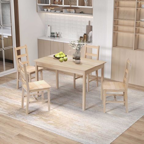 5-teilige Essgruppe Esstisch mit Stühlen Sitzgruppe, Massivholz, 118 cm x 73 cm x 75 cm, Natur