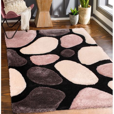 3D Carved Stepping Stones Soft Silky Fluffy Shaggy Rug Carpet Blush Pink Black 80 x 150 cm (2'6"x5'0") (1/4)