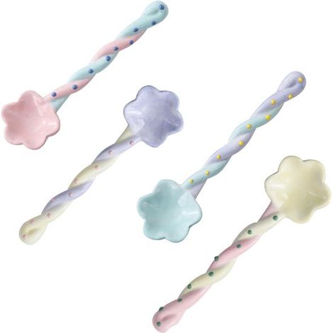 Juego de 4 cucharitas de cerámica con forma de flor, 15x4 cm, disponibles en 4 colores, suaves tonos pastel, mango retorcido, divertidas y bonitas cucharitas para azúcar. (1/5)