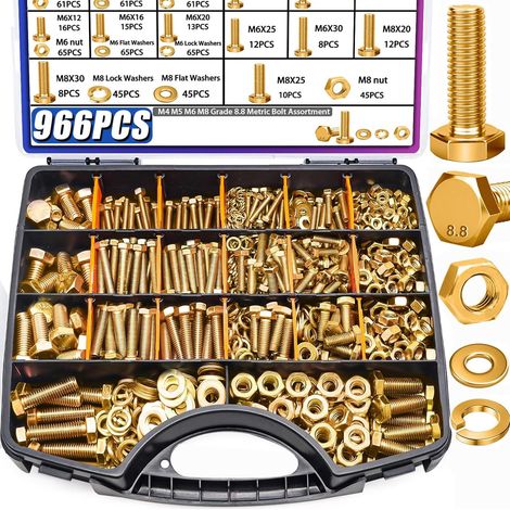 Assortiment de boulons métriques 966pcs Grade 8.8, Assortiment de boulons et d'écrous métriques, Kit de boulons M4 M5 M6 M8 (12-30mm) Kit de boulons et d'écrous hexagonaux lourds