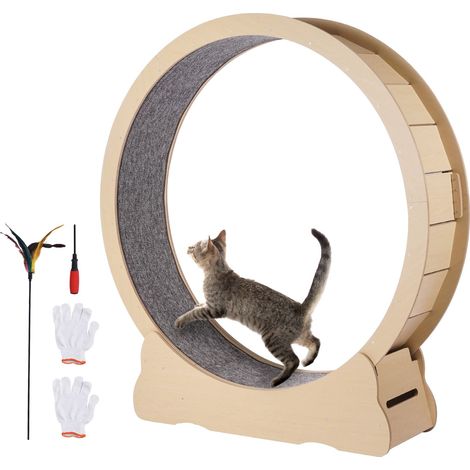Roue d'exercice en bois pour chats, 132 cm, tapis roulant pour chats d'intérieur, avec tapis amovible et plumeau, idéale pour courir, marcher et entraîner la plupart des félins. (1/5)