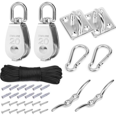 Poulie de Levage en Acier Inoxydable M20 - Crochet Pivotant pour Levage - Roue de Remorquage - Corde en Nylon - Mousqueton - Plaque à Œillet - Capacité de Charge 150 kg (1/5)