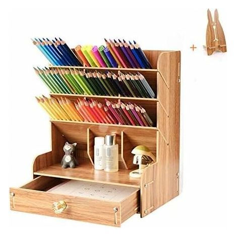 Grande boîte de rangement de bureau multifonctionnelle avec tiroir, organiseur de fournitures de bureau, boîtes en bois et porte-stylos pour la maison et l'école. (1/5)