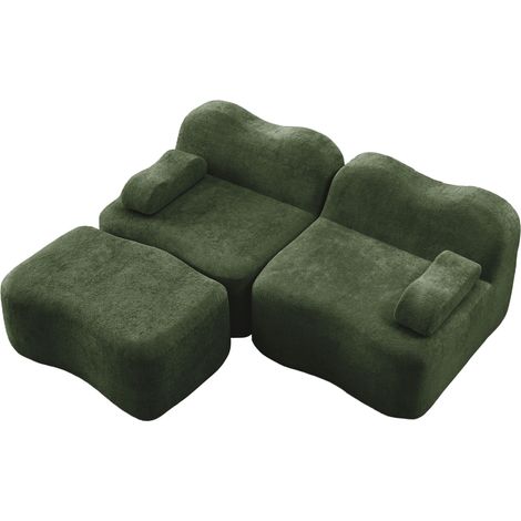 Sofá modular en L de 2 plazas con 1 otomana, terciopelo verde, HOMVRA (1/5)