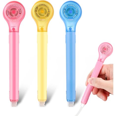 Lot de 3 rouleaux de ruban correcteur, 6 m x 5 mm, rouleau simple pour l'école et le bureau (rose + bleu + jaune) (1/5)