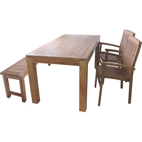 Teakholz Garnitur Tisch 180x90x75 + 1 Bank + 2 Stapelsessel-TH030 (1/3)