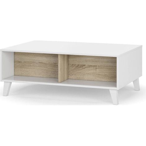 Couchtisch Lincoln, Kaffetisch, Couchtisch für das Wohnzimmer, cm 100x68h38, Glänzend weiß und Eiche (1/5)