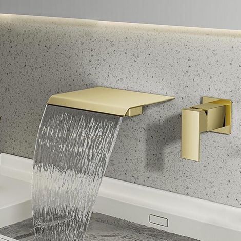 Robinet de salle de bain mural cascade, mitigeur cascade à poignée unique, robinet de lavabo à poser, eau chaude et froide, ultra fin, cuivre massif, or brossé (1/4)