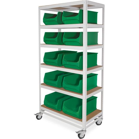BRB Etagenwagen mit 6 Ebenen, BxTxH 900x500x1905 mm, 4 Lenkrollen, 2 mit Feststellbremse, lichtgrau, bestückt mit 10 bunten Sichtboxen LB2, BxTxH 300x500x200 mm (Grün)
